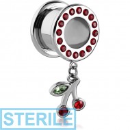 STERILE STAINLESS STEEL JEWELLED ROUND-EDGE THREADED TUNNEL WITH CHERRIES CHARM