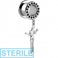 STERILE STAINLESS STEEL JEWELLED ROUND-EDGE THREADED TUNNEL WITH SKELETON CHARM