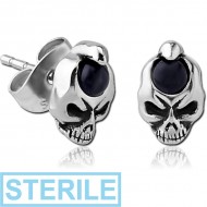STERILE SURGICAL STEEL EAR STUDS PAIR WITH ONYX - SKULL