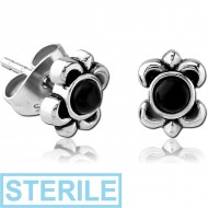 STERILE SURGICAL STEEL KOOL KATANA EAR STUDS PAIR WITH ONYX - FLEUR DE LIS