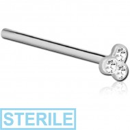 STERILE SURGICAL STEEL STRAIGHT BEZEL SET JEWELLED TRINITY NOSE STUD