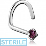 STERILE SURGICAL STEEL LARGE LEFT CURVED PRONG SET 2MM JEWELLED NOSE STUD PIERCING