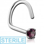 STERILE SURGICAL STEEL LARGE LEFT CURVED PRONG SET 2.5MM JEWELLED NOSE STUD PIERCING