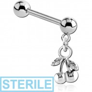 STERILE SURGICAL STEEL MICRO BARBELL WITH DANGLING CHARM - CHERRIES