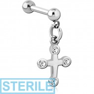 STERILE SURGICAL STEEL MICRO BARBELL WITH DANGLING JEWELLED CHARM - CROSS