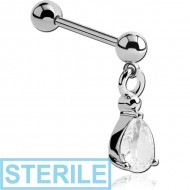 STERILE SURGICAL STEEL MICRO BARBELL WITH DANGLING TEAR DROP JEWELLED CHARM