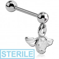STERILE SURGICAL STEEL JEWELLED MICRO BARBELL WITH WINGED HEART CHARM