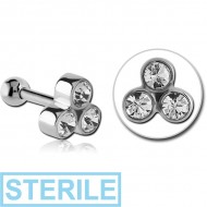 STERILE SURGICAL STEEL TRIPLE JEWELLED TRAGUS MICRO BARBELL