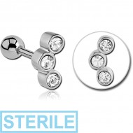 STERILE SURGICAL STEEL TRIPLE JEWELLED TRAGUS MICRO BARBELL PIERCING