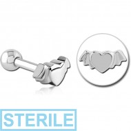 STERILE SURGICAL STEEL TRAGUS MICRO BARBELL - WINGED HEART PIERCING