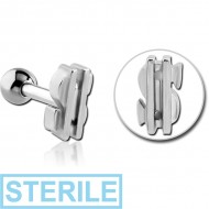 STERILE SURGICAL STEEL TRAGUS MICRO BARBELL - DOLLAR SIGN PIERCING