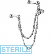 STERILE SURGICAL STEEL JEWELLED TRAGUS MICRO BARBELLS CHAIN LINKED - BOW PIERCING