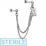 STERILE SURGICAL STEEL JEWELLED TRAGUS MICRO BARBELLS CHAIN LINKED - MUSIC NOTE PIERCING
