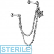 STERILE SURGICAL STEEL JEWELLED TRAGUS MICRO BARBELLS CHAIN LINKED - STAR PIERCING