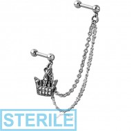 STERILE SURGICAL STEEL JEWELLED TRAGUS MICRO BARBELLS CHAIN LINKED - CROWN