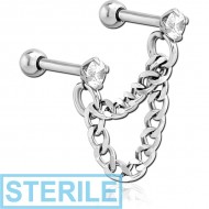 STERILE SURGICAL STEEL JEWELLED TRAGUS MICRO BARBELLS CHAIN LINKED