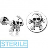 STERILE SURGICAL STEEL TRAGUS MICRO BARBELL - CROSSBONES SKULL PIERCING