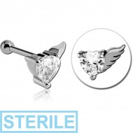 STERILE SURGICAL STEEL JEWELLED WINGED HEART TRAGUS MICRO BARBELL PIERCING