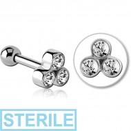 STERILE SURGICAL STEEL TRIPLE JEWELLED TRAGUS MICRO BARBELL