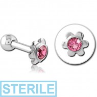 STERILE SURGICAL STEEL JEWELLED FLOWER TRAGUS MICRO BARBELL