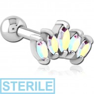 STERILE SURGICAL STEEL JEWELLED TRAGUS MICRO BARBELL - FIVE GEMS