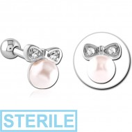 STERILE SURGICAL STEEL JEWELLED TRAGUS MICRO BARBELL - BOW AND PEARL