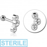 STERILE SURGICAL STEEL JEWELLED TRAGUS MICRO BARBELL - TRIPLE JEWELLED