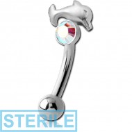 STERILE SURGICAL STEEL JEWELLED DOLPHIN FANCY CURVED MICRO BARBELL PIERCING