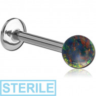STERILE SURGICAL STEEL MICRO LABRET WITH SYNTHETIC OPAL BALL PIERCING