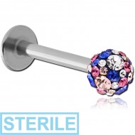 STERILE SURGICAL STEEL MICRO LABRET WITH EPOXY COATED CRYSTALINE JEWELLED BALL PIERCING