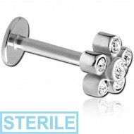 STERILE SURGICAL STEEL MICRO LABRET WITH JEWELLED ATTACHMENT - FLOWER PIERCING