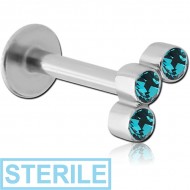 STERILE SURGICAL STEEL MICRO LABRET WITH JEWELLED ATTACHMENT - TRIPLE JEWELLED PIERCING