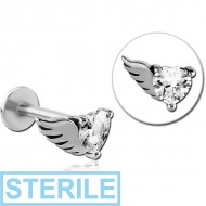 STERILE SURGICAL STEEL MICRO LABRET WITH JEWELLED ATTACHMENT - HEART WITH LEFT WING PIERCING