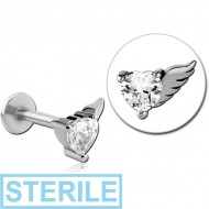 STERILE SURGICAL STEEL MICRO LABRET WITH JEWELLED ATTACHMENT - HEART WITH RIGHT WING PIERCING