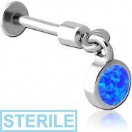 STERILE SURGICAL STEEL TRAGUS MICRO LABRET WITH SYNTHETIC OPAL CHARM PIERCING