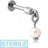 STERILE SURGICAL STEEL TRAGUS MICRO LABRET WITH SYNTHETIC PEARL CHARM PIERCING