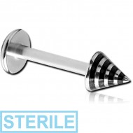 STERILE SURGICAL STEEL MICRO LABRET WITH STRIPED CONE PIERCING