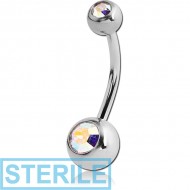 STERILE SURGICAL STEEL DOUBLE SWAROVSKI CRYSTAL JEWELLED MICRO NAVEL BANANA PIERCING