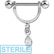 STERILE SURGICAL STEEL NIPPLE STIRRUP WITH TEAR DROP JEWELLED DANGLING CHARM PIERCING