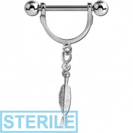 STERILE SURGICAL STEEL NIPPLE STIRRUP WITH JEWELLED FEATHER DANGLING CHARM PIERCING