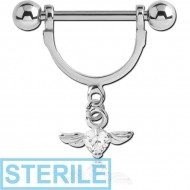 STERILE SURGICAL STEEL NIPPLE STIRRUP WITH WINGED JEWELLED HEART DANGLING CHARM