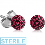 STERILE PAIR OF PRINTED UV ACRYLIC BALL EAR STUDS