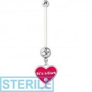 STERILE PTFE PREGNANCY NAVEL BANANA WITH ITS A GIRL HEART DANGLING CHARM