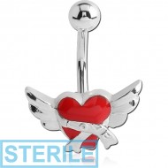 STERILE RHODIUM PLATED FASHION NAVEL BANANA - WINGED HEART PIERCING