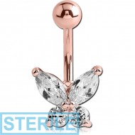 STERILE ROSE GOLD PVD COATED BRASS JEWELLED BUTTERFLY NAVEL BANANA PIERCING