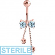 STERILE ROSE GOLD PVD COATED BRASS JEWELLED BOW NAVEL BANANA PIERCING