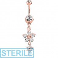 STERILE ROSE GOLD PVD COATED SURGICAL STEEL DOUBLE JEWELLED NAVEL BANANA WITH FLOWER CHARM PIERCING