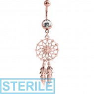 STERILE ROSE GOLD PVD COATED SURGICAL STEEL JEWELLED NAVEL BANANA WITH DANGLING CHARM - DREAMCATCHER FEATHER PIERCING