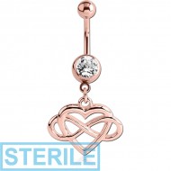 STERILE ROSE GOLD PVD COATED BRASS JEWELLED NAVEL BANANA WITH DANGLING CHARM - ENTANGLED HEART AND INFINITY PIERCING