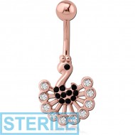 STERILE ROSE GOLD PVD COATED SURGICAL STEEL JEWELLED NAVEL BANANA WITH DANGLING CHARM - PEACOCK